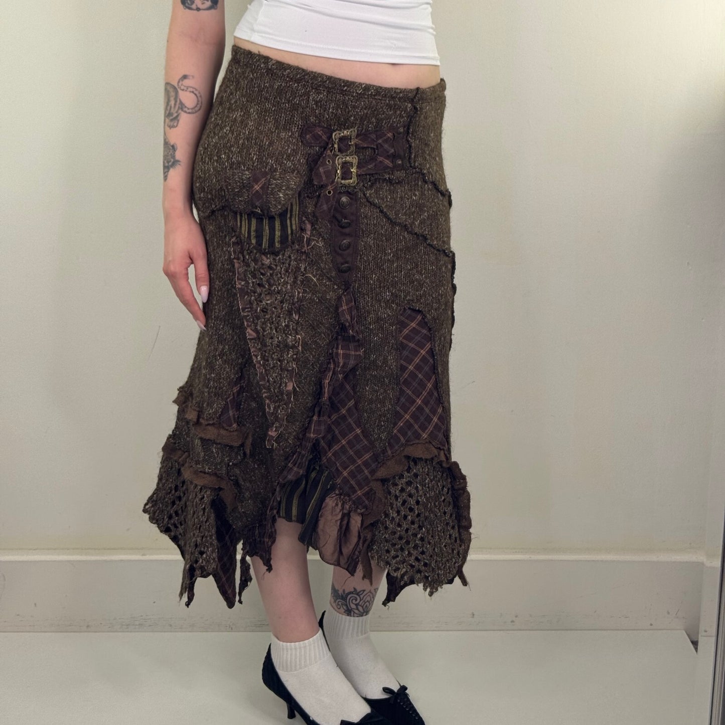 Y2K vintage Juju & Christine maxi skirt knit patchwork buckle boho asymmetrical