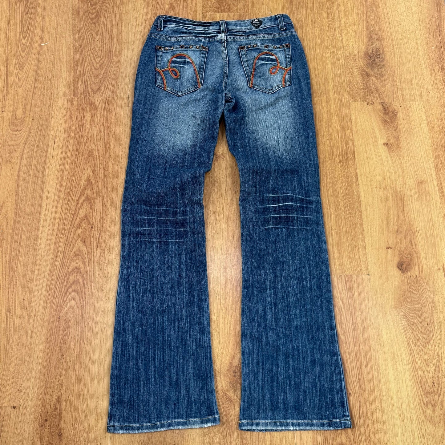 Y2K vintage bootcut denim jeans low rise rhinestones embroidered pockets faded