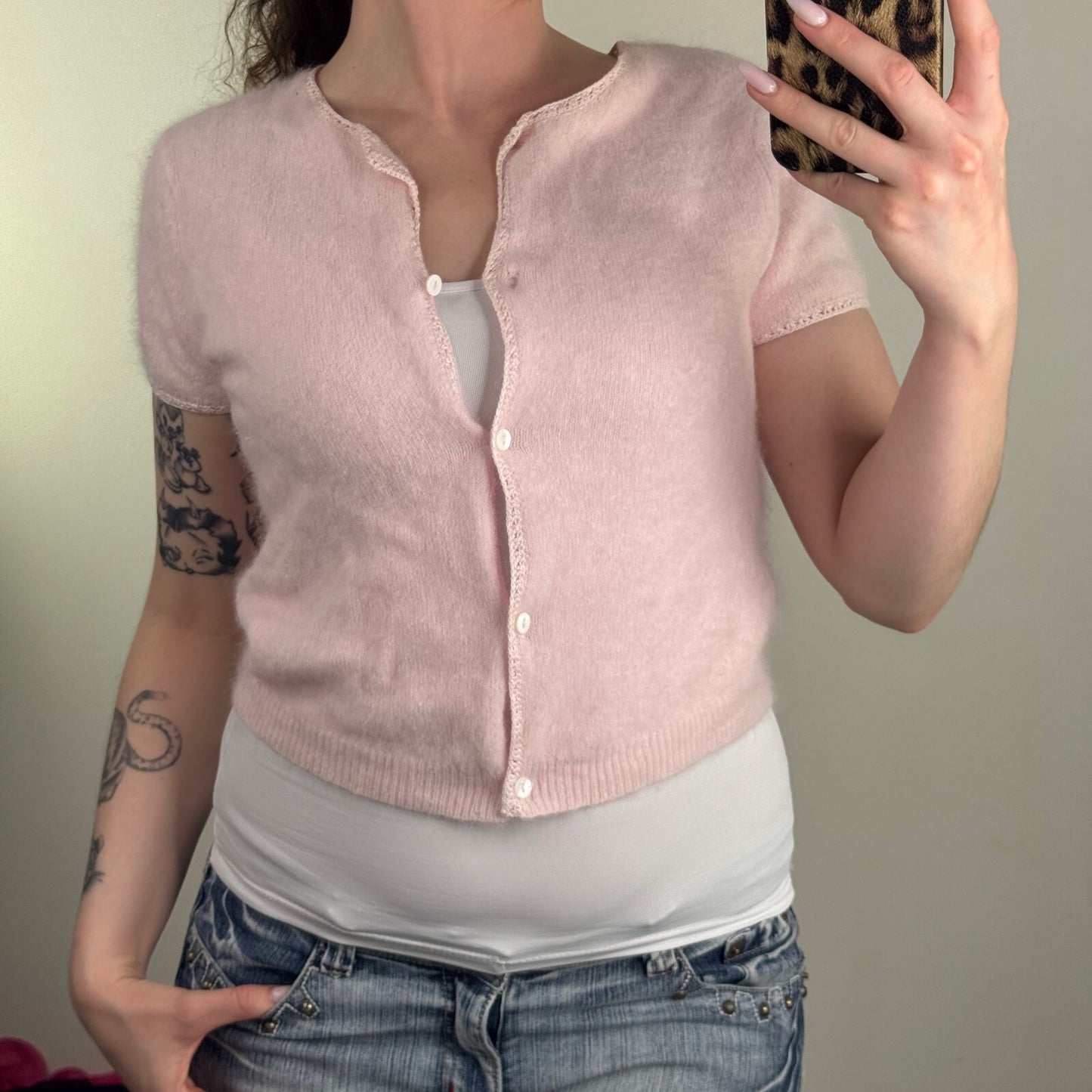 Y2K vintage angora blend short sleeve top button up crop baby pink knit