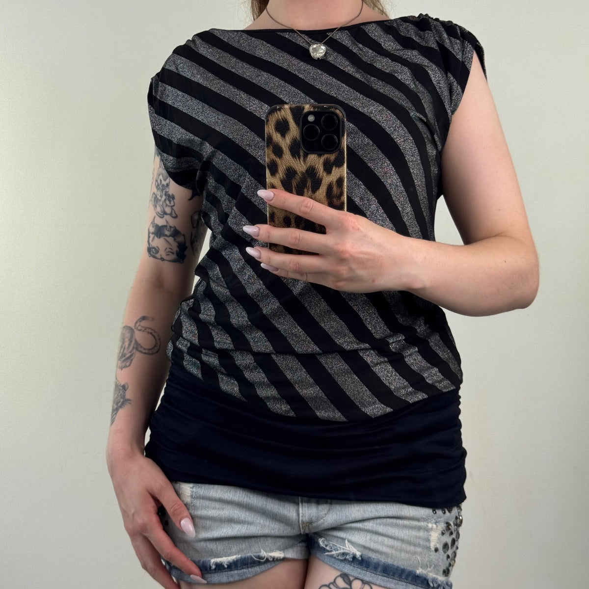 Y2K vintages stripe t-shirt short sleeve top slouchy straight neck sparkly