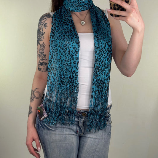 Y2K vintage scarf leopard print sparkly fringe blue black sheer knit