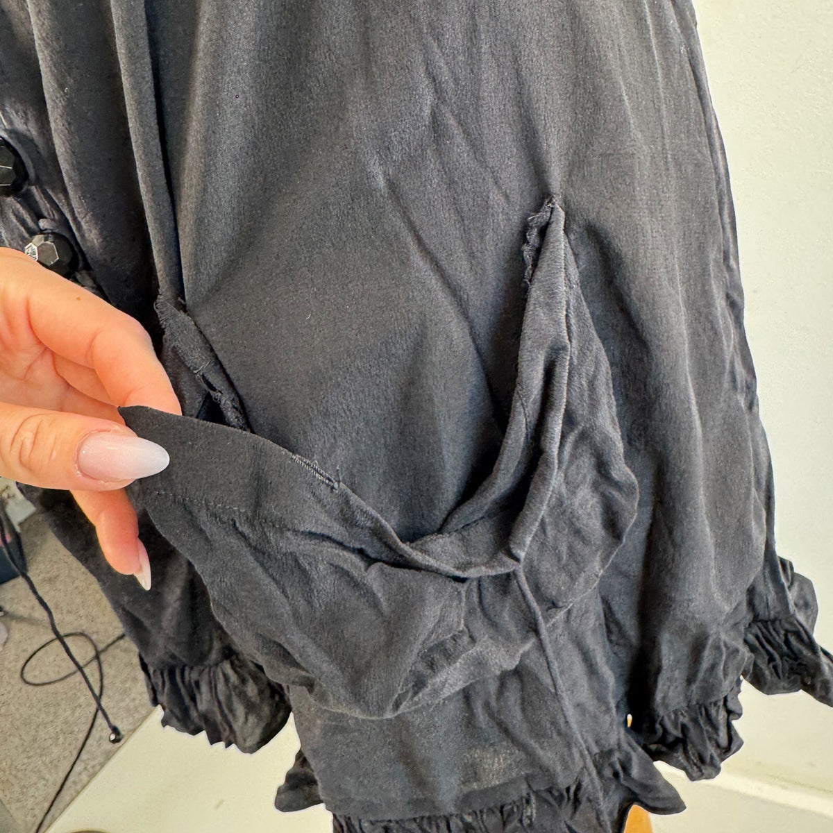 Y2K vintage silk mini dress ruffle button up pockets fairy boho coquette black