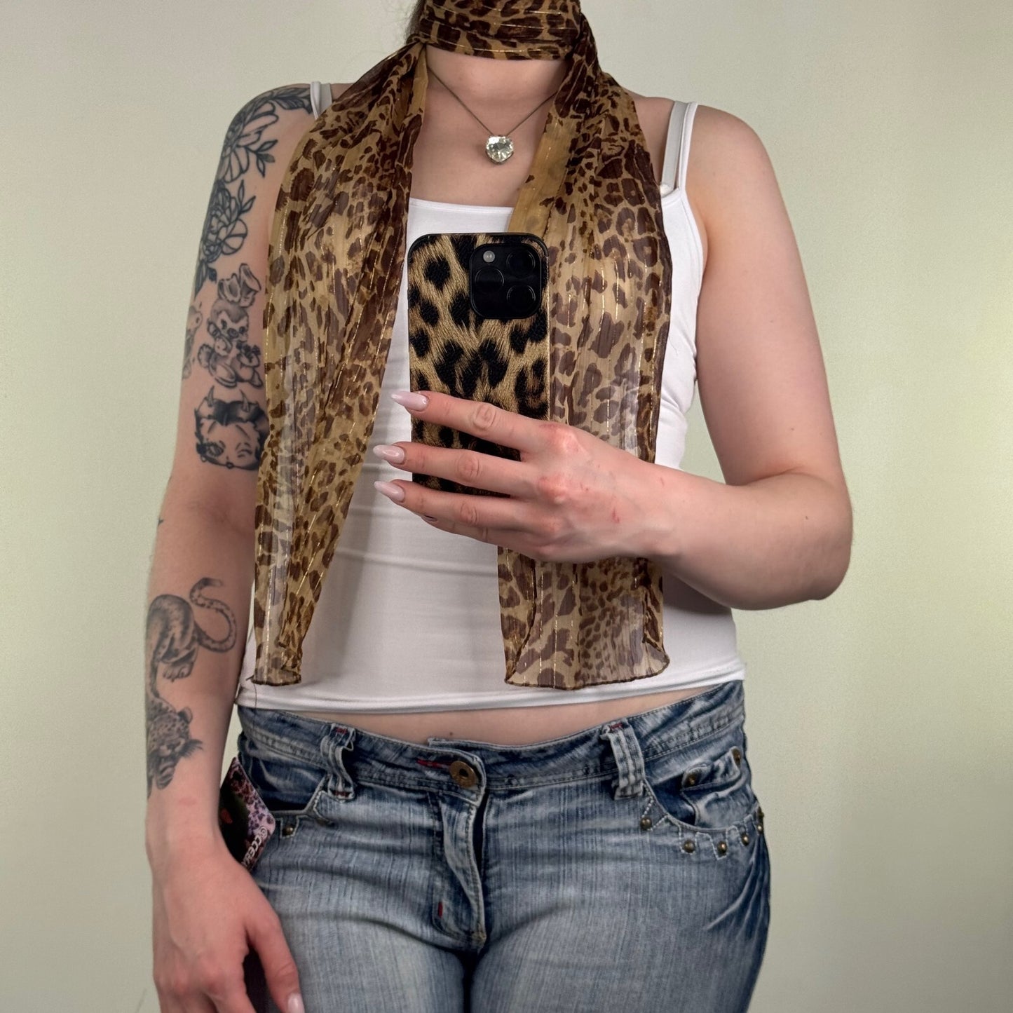 Y2K vintage scarf leopard print sheer brown sparkly pinstripe glitter skinny