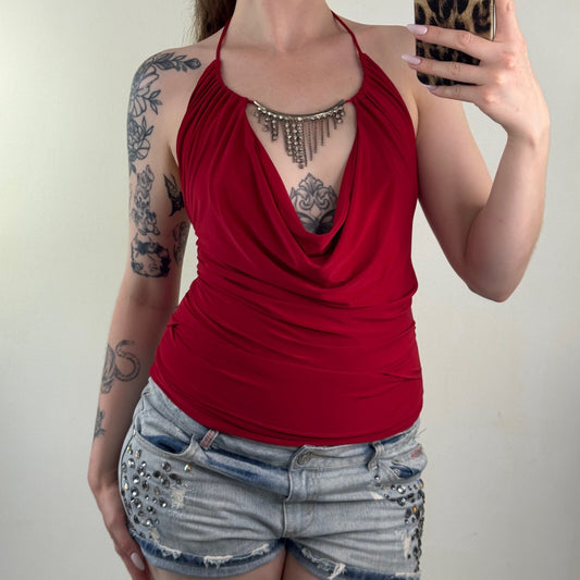 Y2K vintage slinky top halter rhinestone cowl neck party going out clubbing red