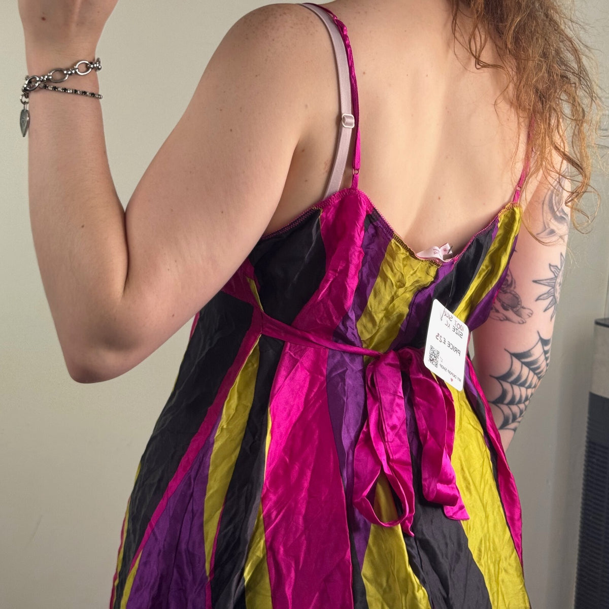 Y2K vintage 100% silk cami top stripe tie back bow babydoll strappy long tunic