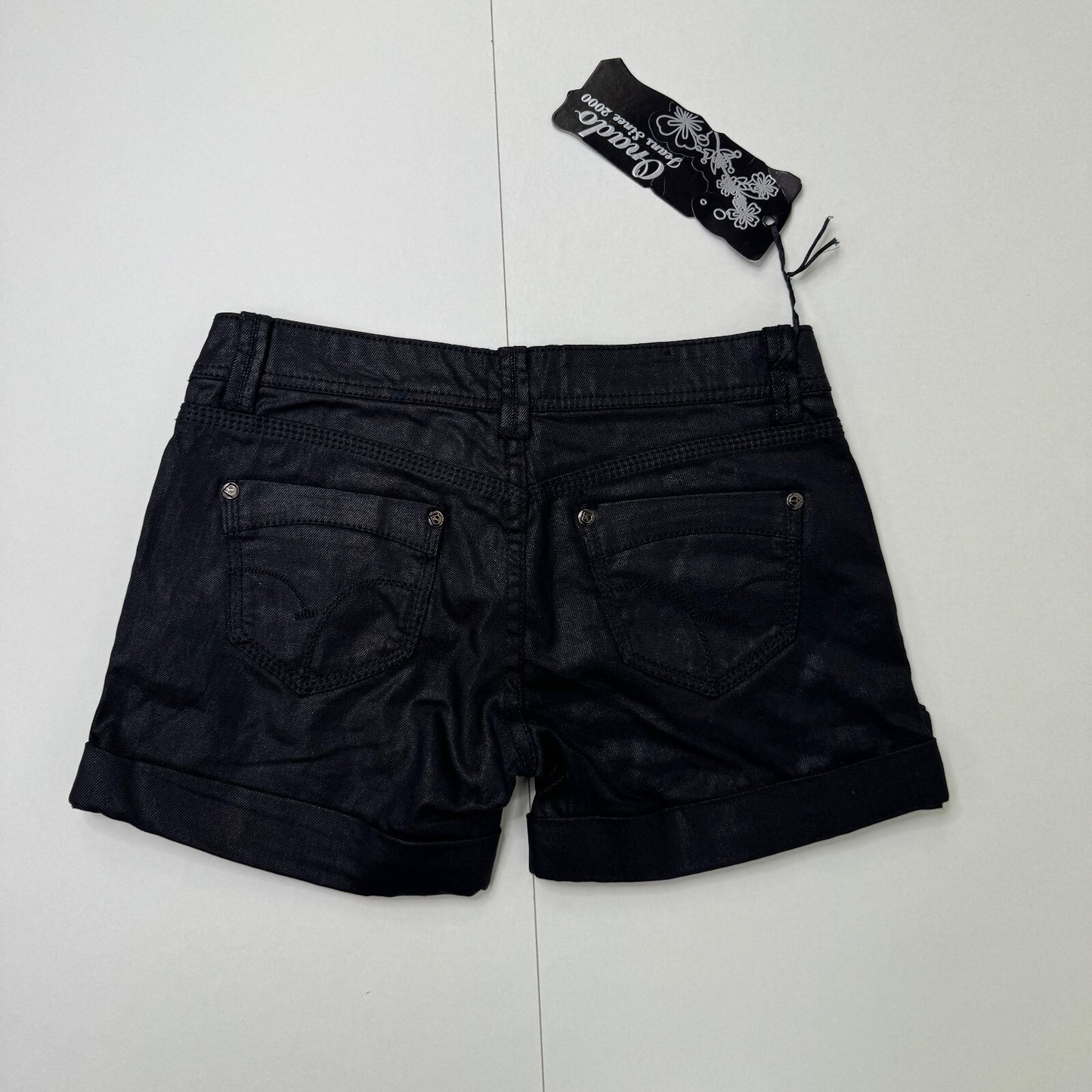 Y2K vintage denim mini shorts low rise stretchy turned up shiny look