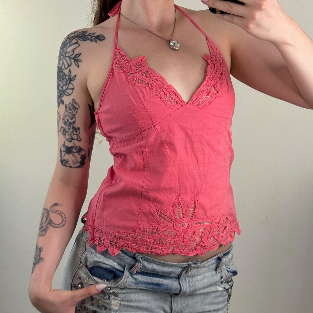 Y2K vintage Kookai halter neck top floral pink v neck bow cut out cotton summer