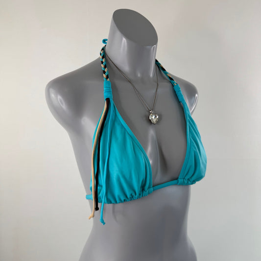 Y2K vintage JLO bikini top halter neck braided tie bow fringe