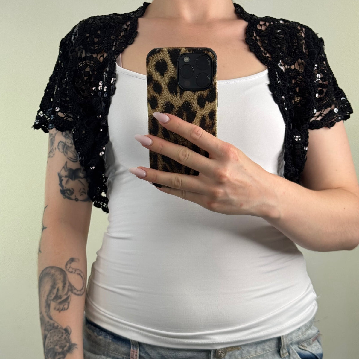 Y2K vintage Bay crochet cardigan crop sequin short sleeve bolero sheer knit