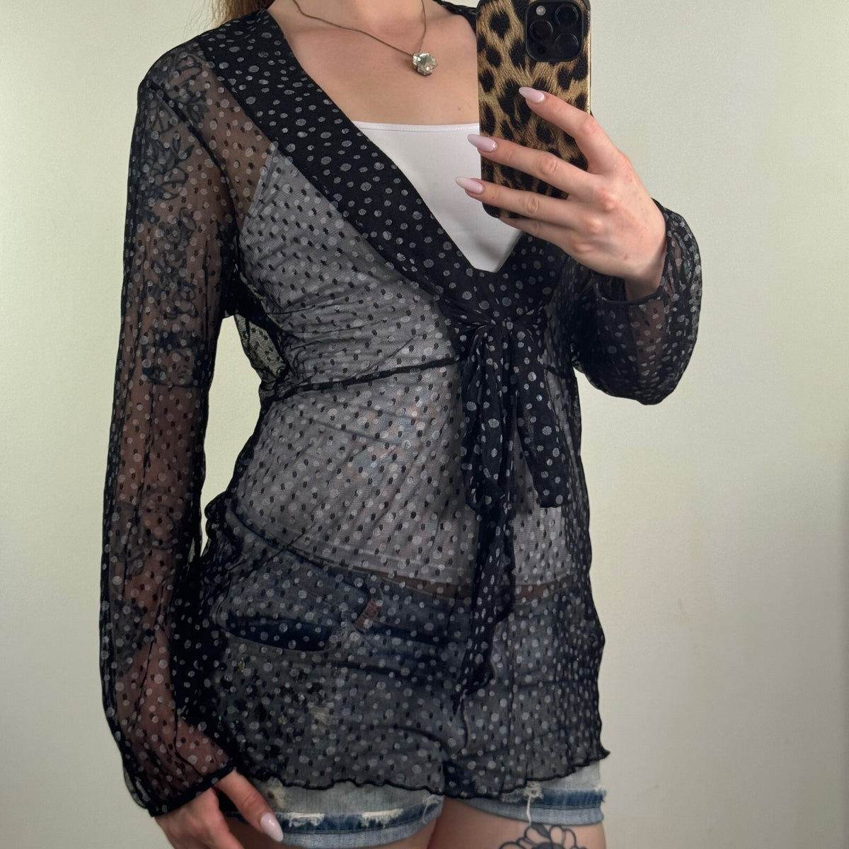 Y2K vintage Per Una top mesh sheer v neck bow stretchy polka dot long sleeve
