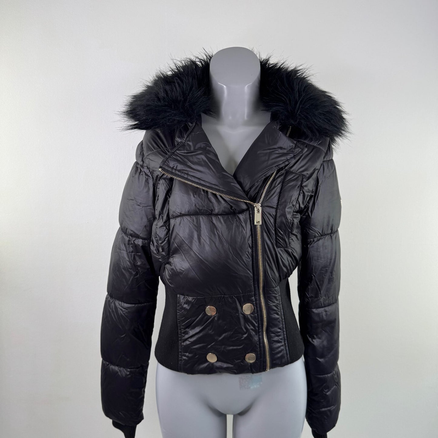 Vintage asymmetrical zip up bomber jacket faux fur trim mcbling cinch fitted