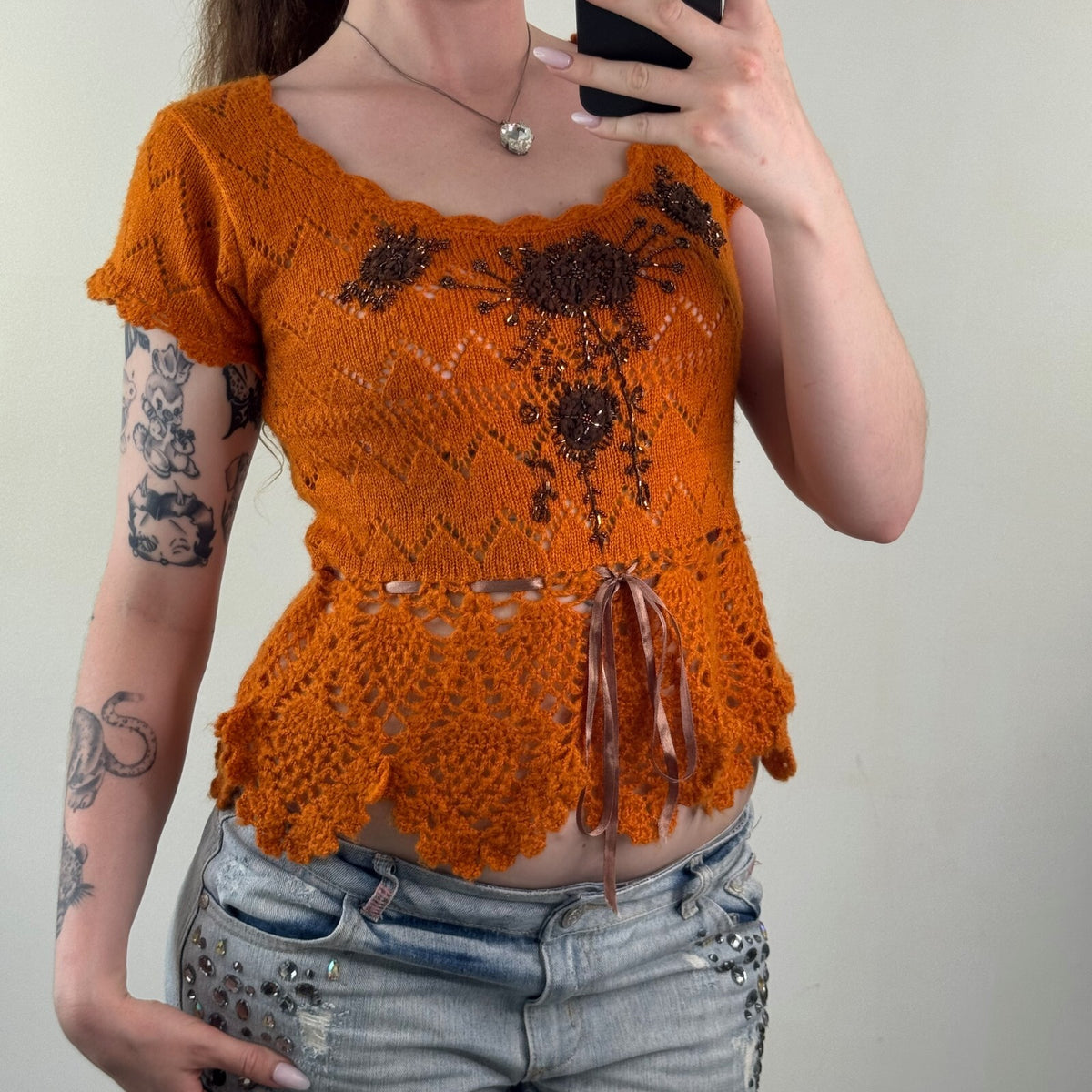 Y2K vintage mohair knit short sleeve top beaded floral embellished sheer bow