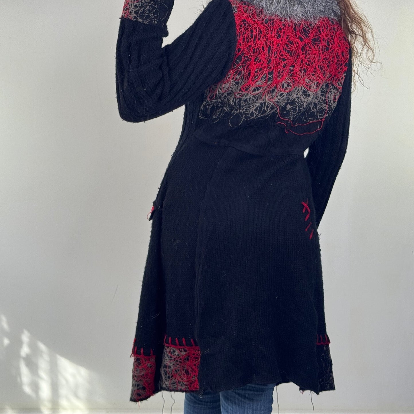 Y2K vintage cardigan wool blend chunky knit faux fur trim collar long floral