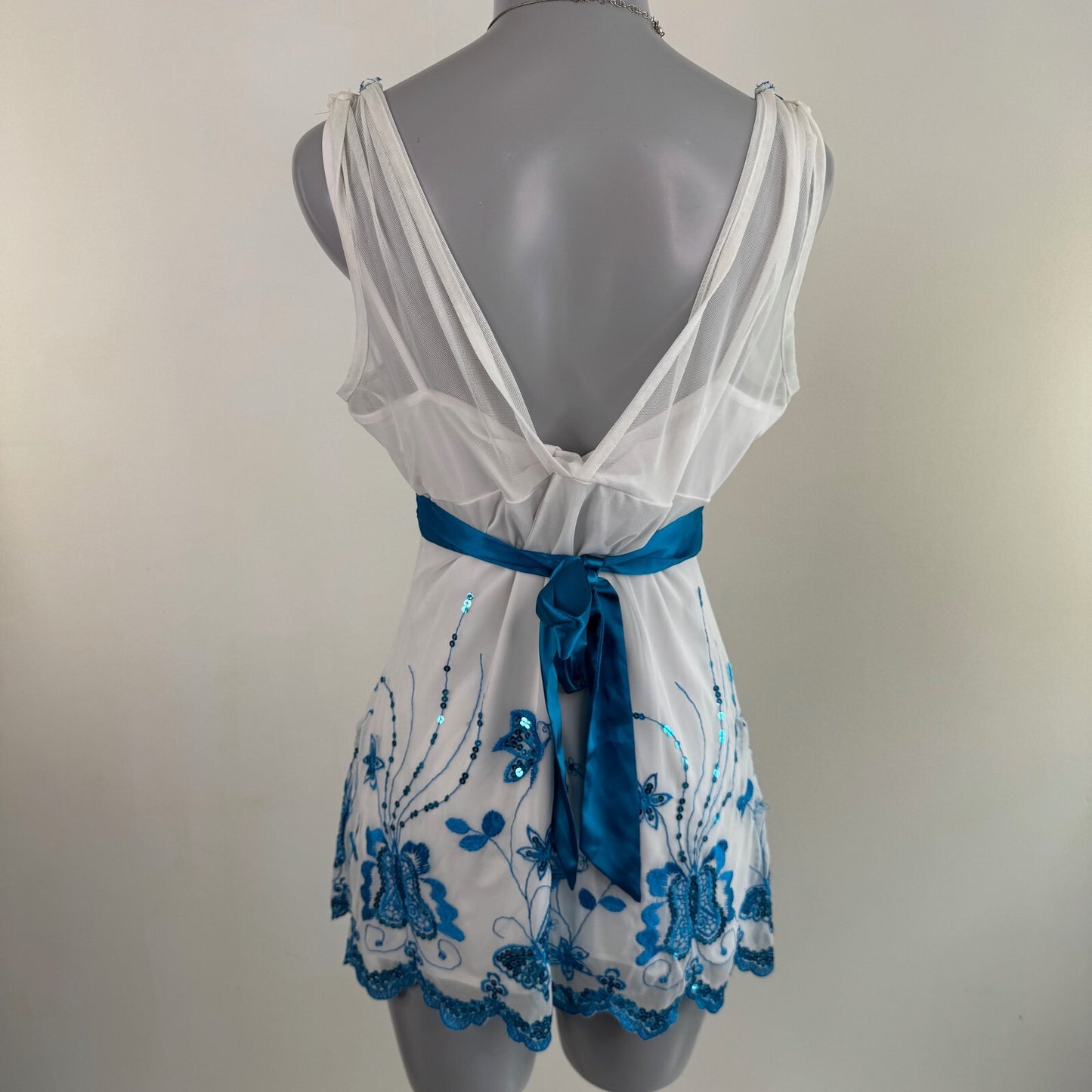 Y2K vintage Bay top butterfly embroidered tie back bow v neck sequin mesh