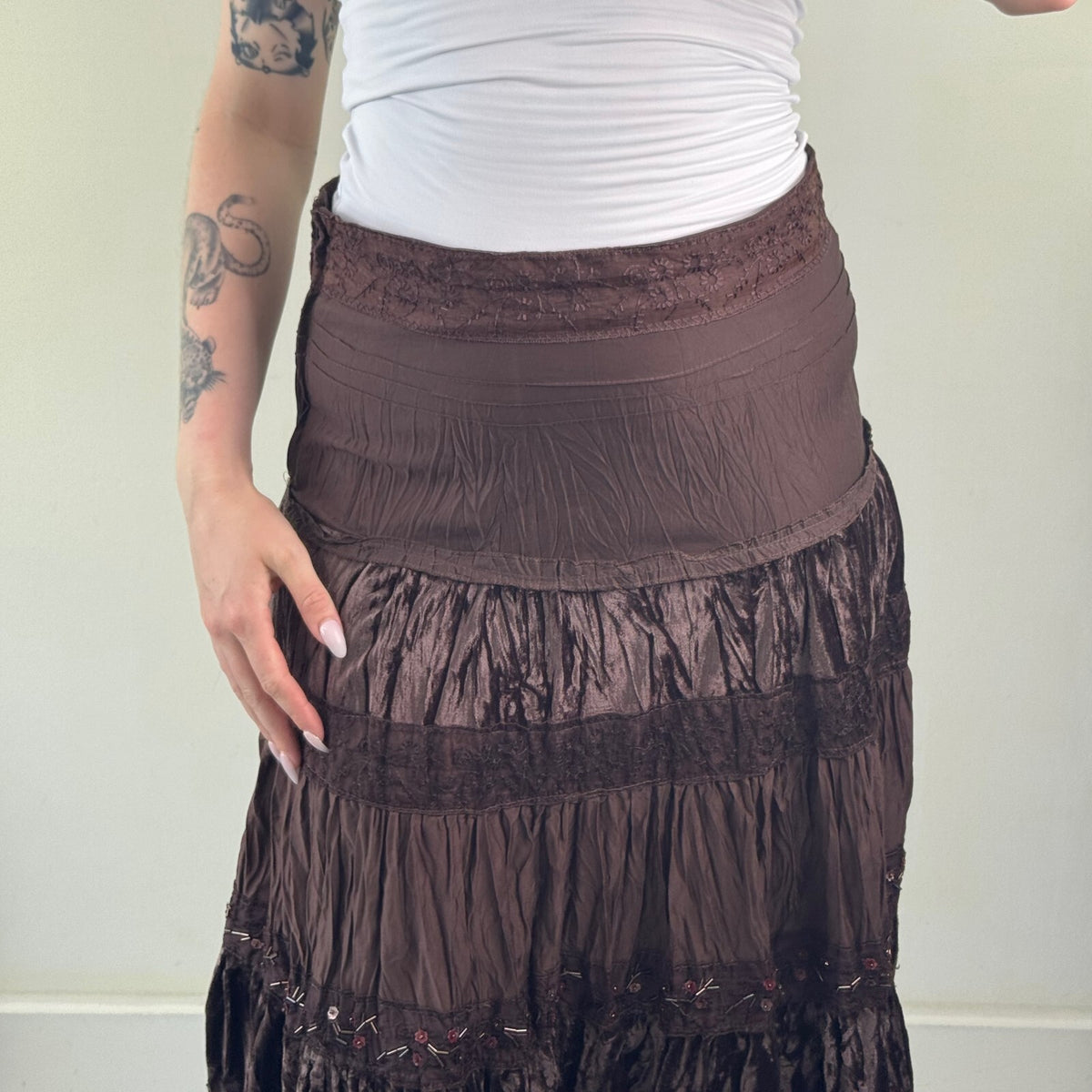 Y2K vintage maxi skirt boho a line tiered sequin velvet coquette fairy brown