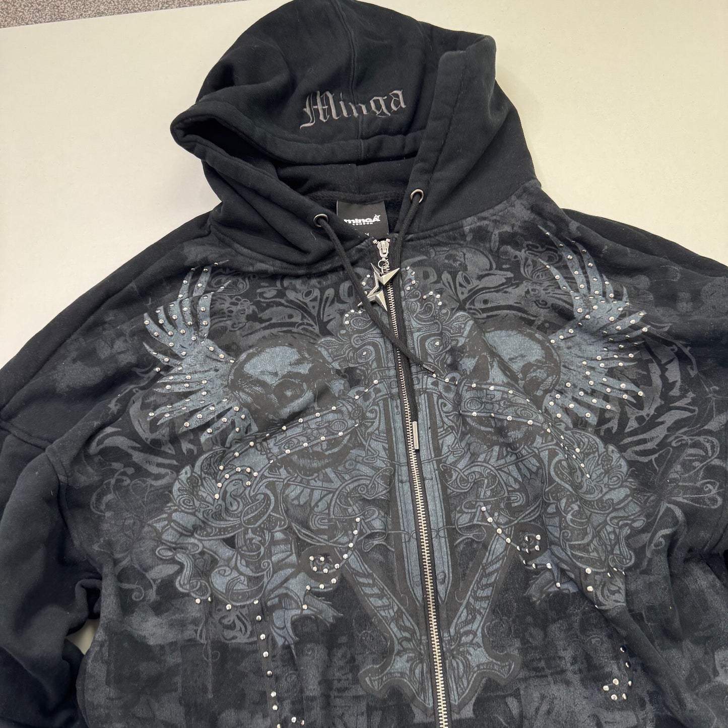 Minga London skull studded graphic zip up hoodie black wings studded