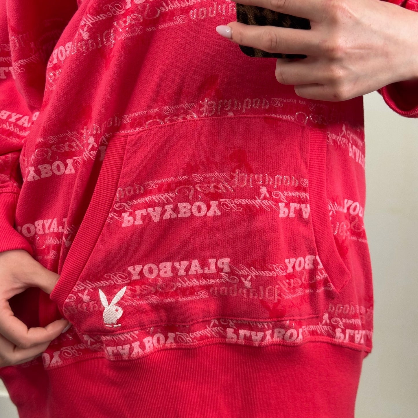 Y2K vintage Playboy hoodie v neck sparkly text 3/4 length sleeve
