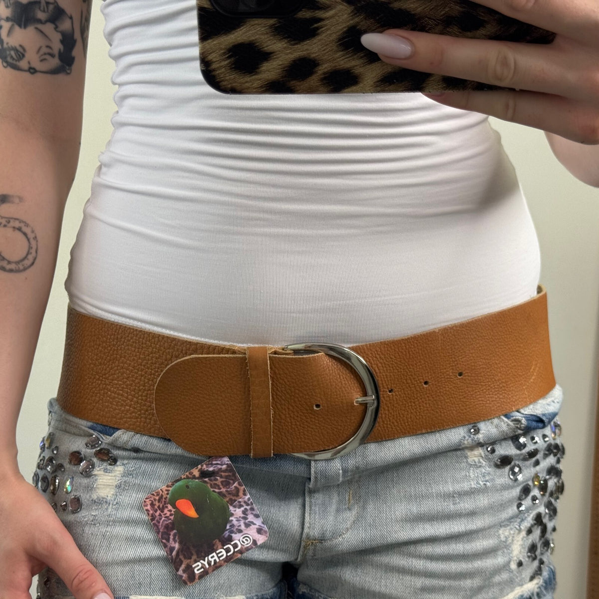 Y2K vintage 100% genuine leather belt oversized chunky grained textured tan