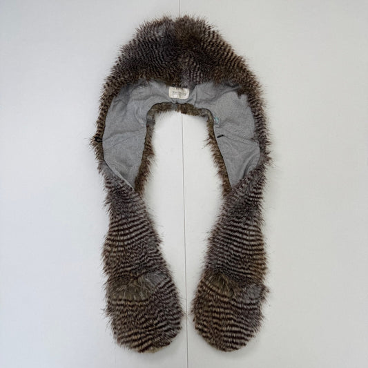 Rare vintage Spirithoods faux fur hat trapper raccoon owl pattern stripe mittens