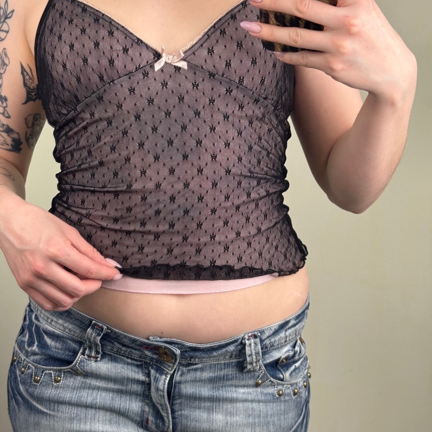 Y2K vintage cami top mesh double lined crop strappy bow lace trim black pink