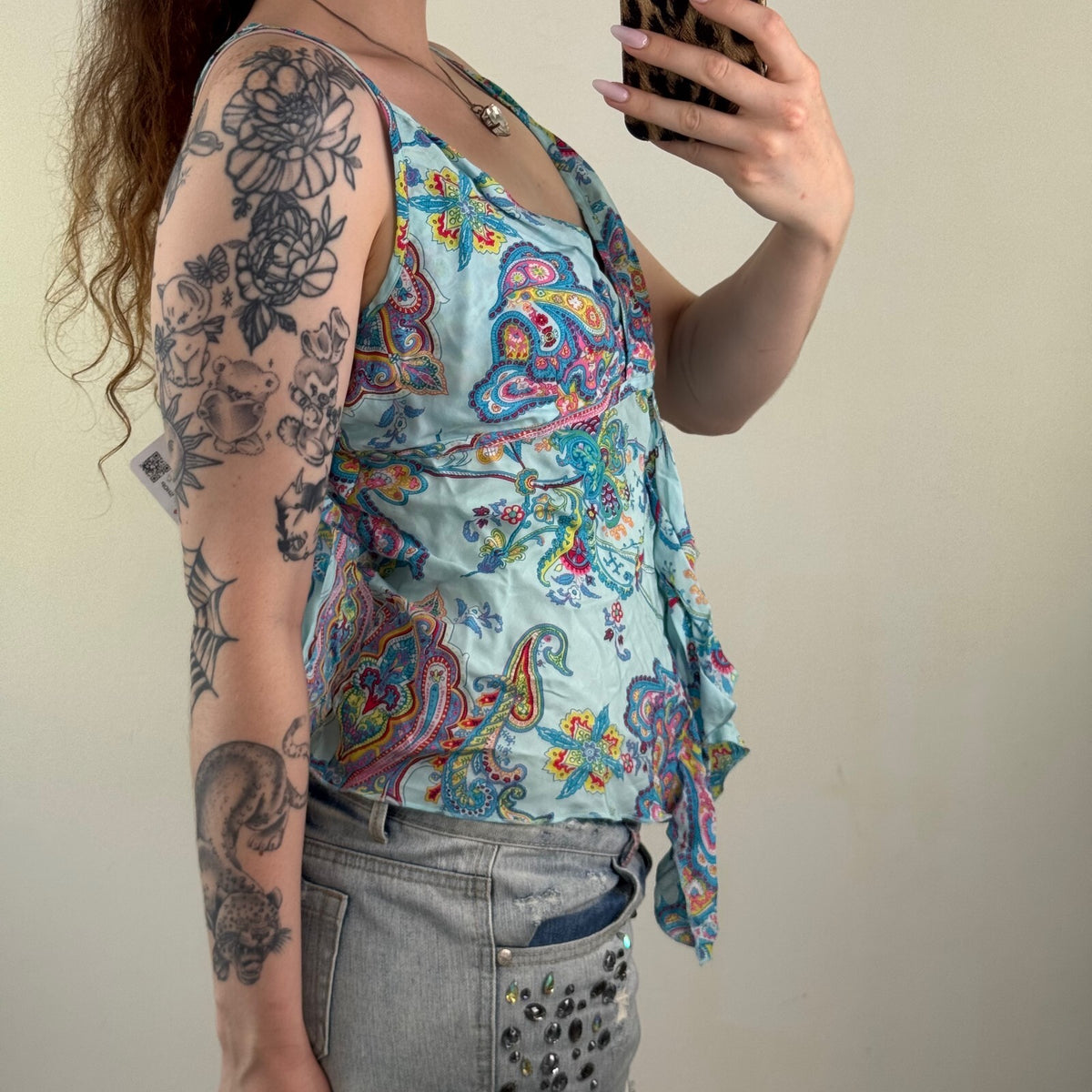Y2K vintage paisley cami top ruffle multi light blue print v neck turquoise