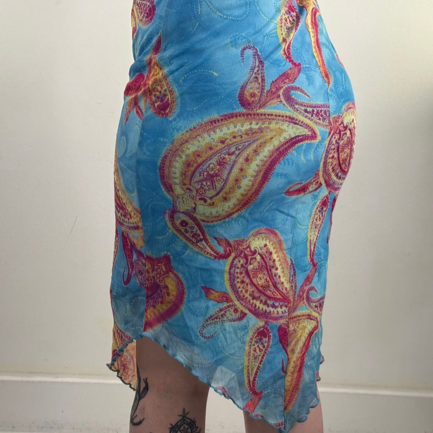 Y2K vintage paisley print midi dress asymmetrical hem halter neck mesh overlay