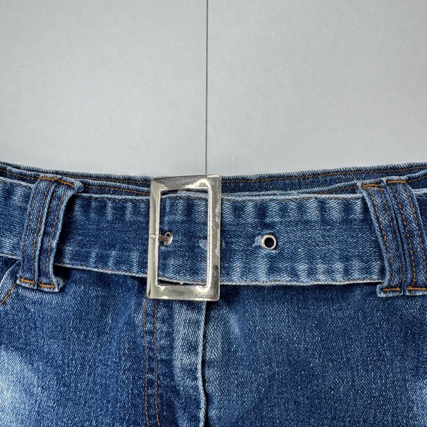 Y2K vintage mini skirt faded denim blue wash with belt stretchy