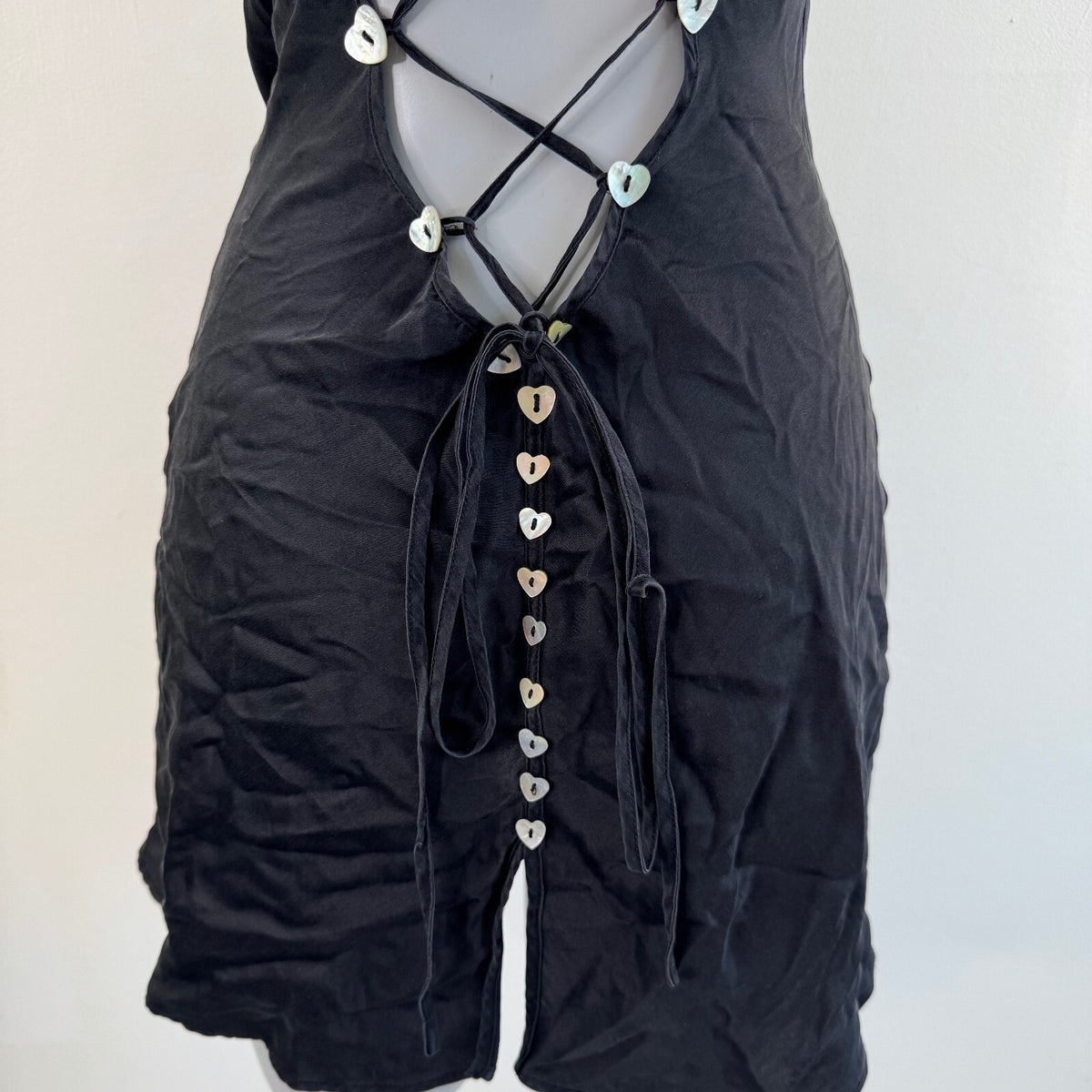 Marjolaine vintage 100% silk mini dress heart shells lace up open back slip
