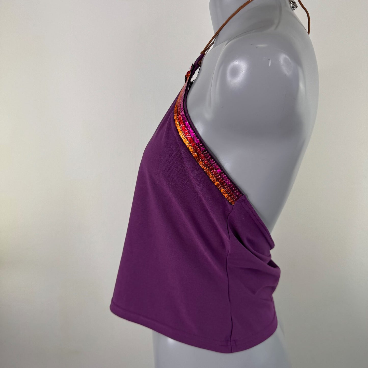 Y2K vintage Bay halter neck top sequin fitted slinky purple clubbing festival