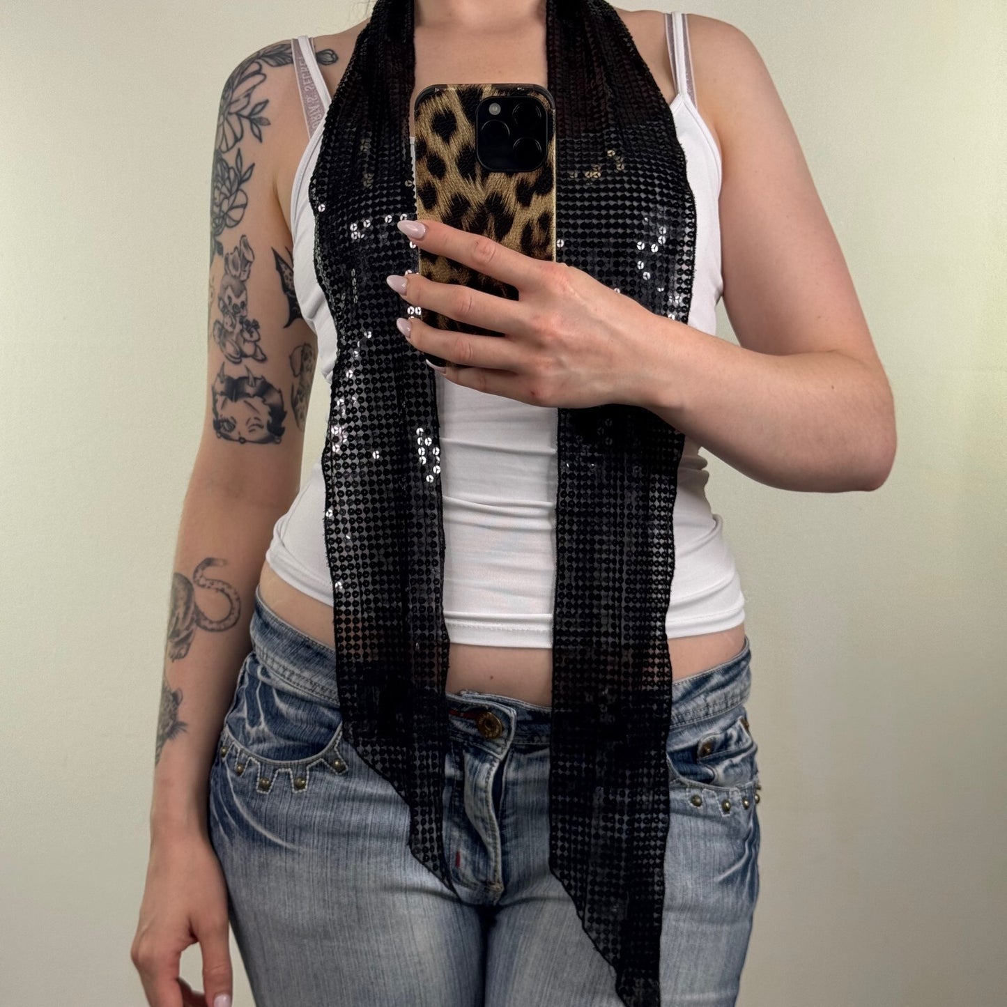 Y2K vintage scarf sequin embellished sheer mesh skinny thin black