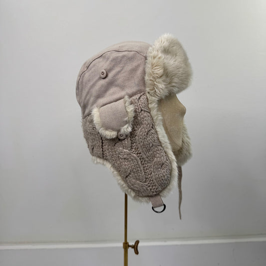 Y2K vintage trapper hat faux fur trim cable knit beige cream wool blend