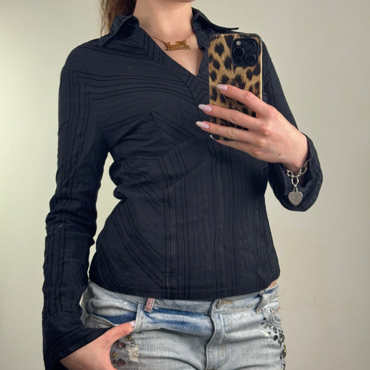 Y2K vintage blouse fitted long sleeve shirt stripe v neck collar office work