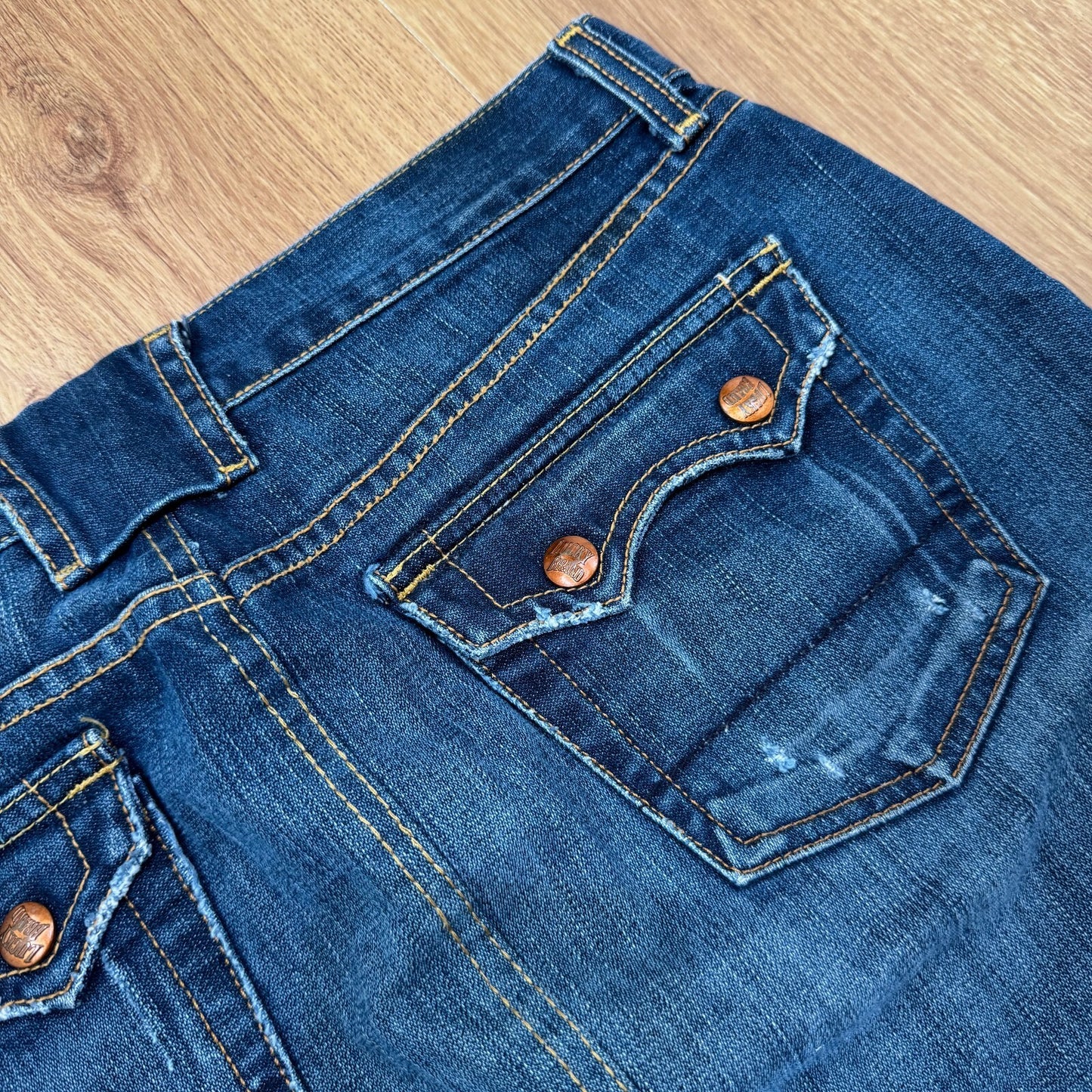Y2K vintage mini skirt dark blue faded denim wash luck you distressed pockets