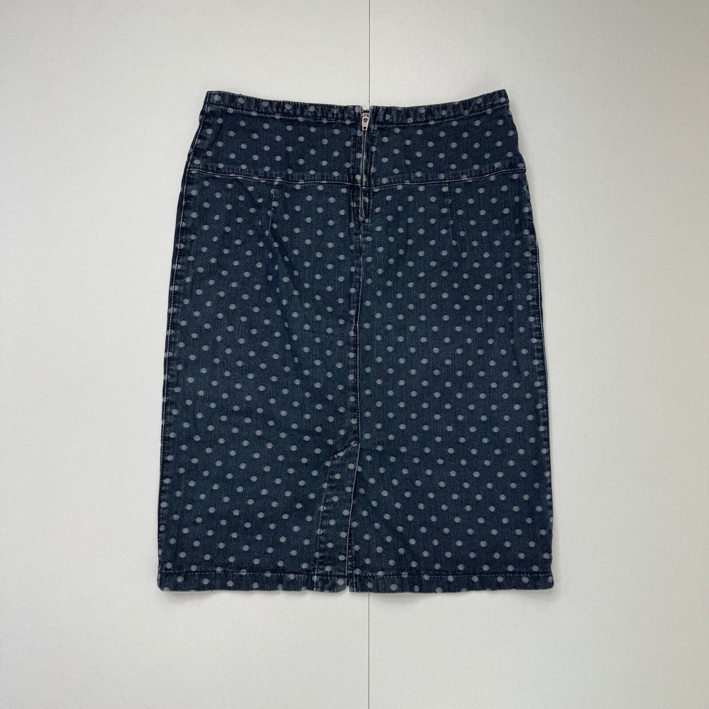 Y2K vintage Per Una midi skirt polka dot stretchy denim mid blue wash spots