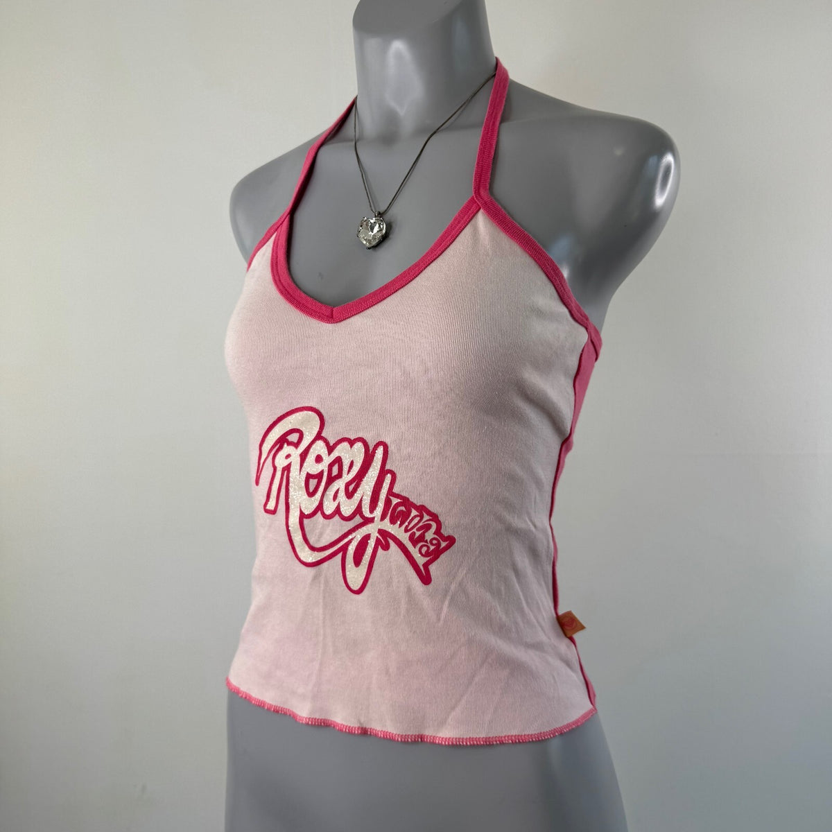 Y2K vintage Roxy halter top v neck sparkly pink two tone bow sporty logo