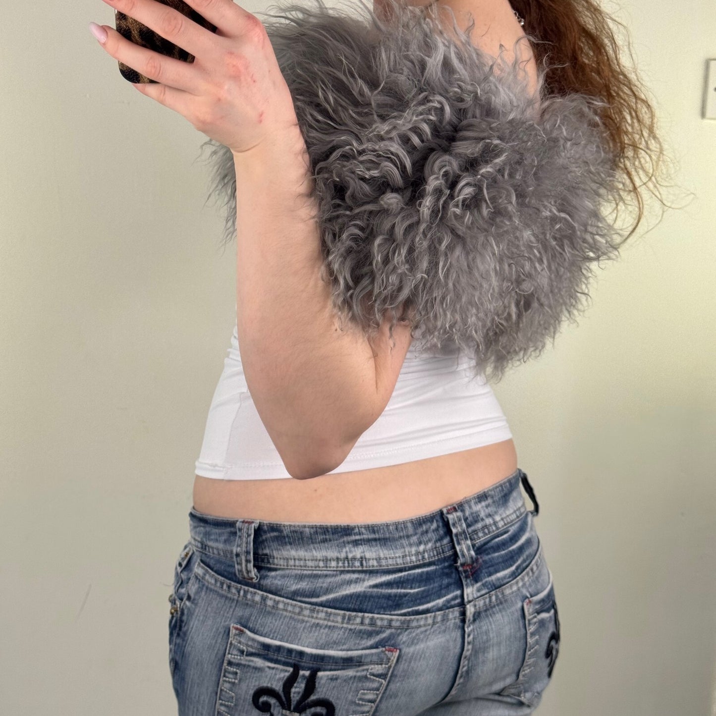 Vintage mongolian fur scarf shawl grey wool
