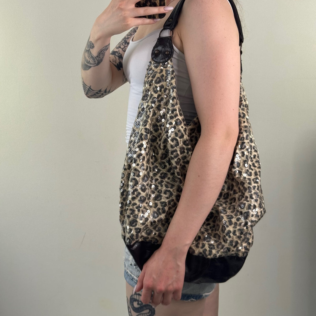 Y2K vintage shoulder bag large tote sequin leopard print boho embellished slouch
