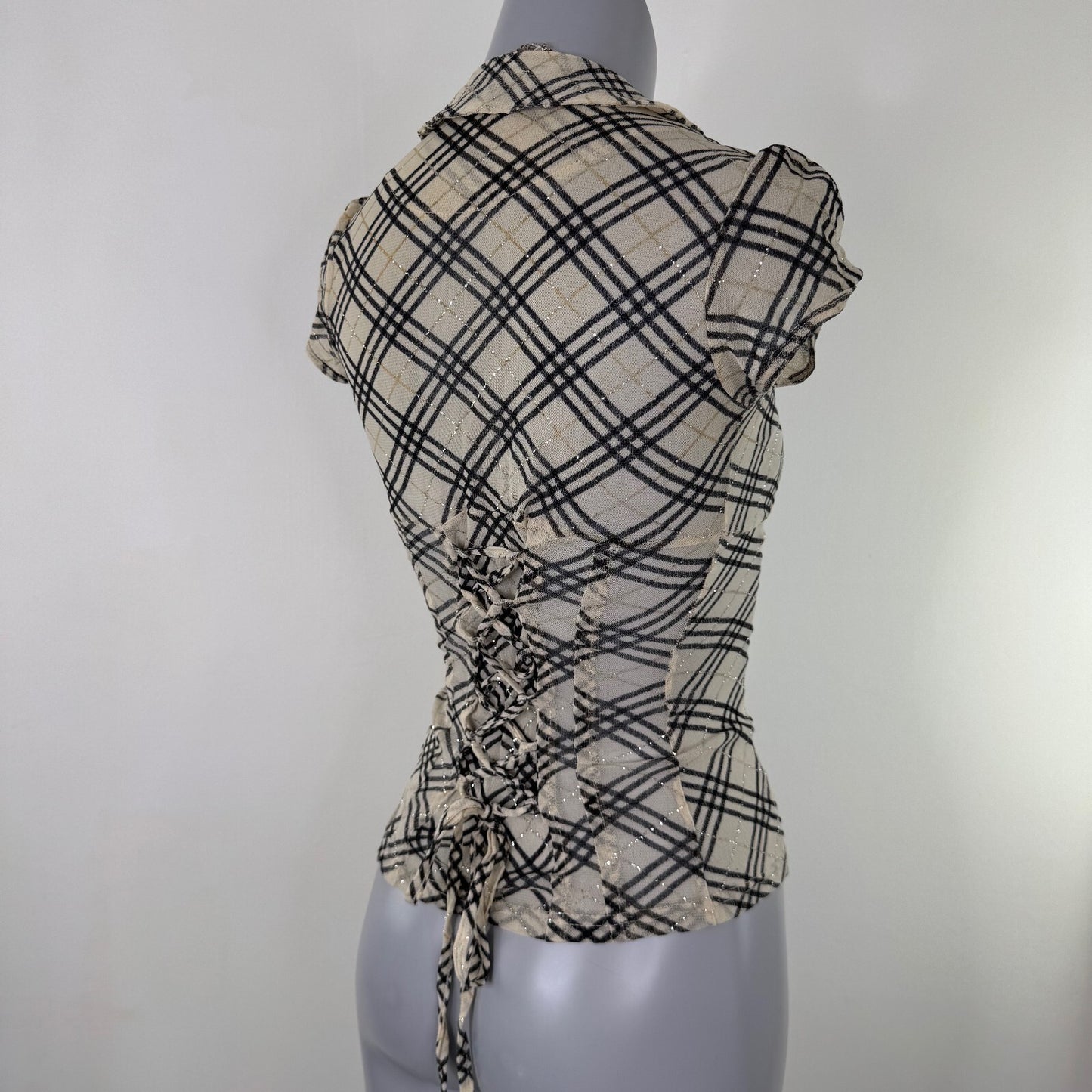 Y2K vintage Jane Norman short sleeve top mesh nova check sheer milkmaid lace up