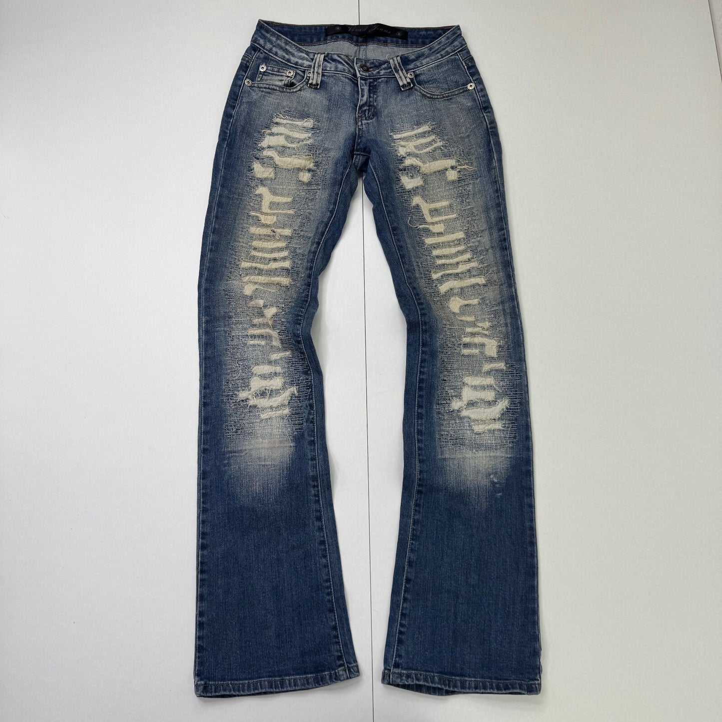 Y2K vintage low rise bootcut denim jeans distressed stitching faded dirty wash