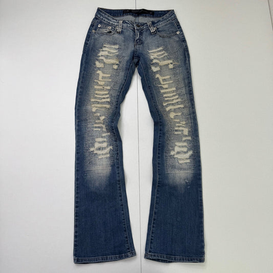 Y2K vintage low rise bootcut denim jeans distressed stitching faded dirty wash