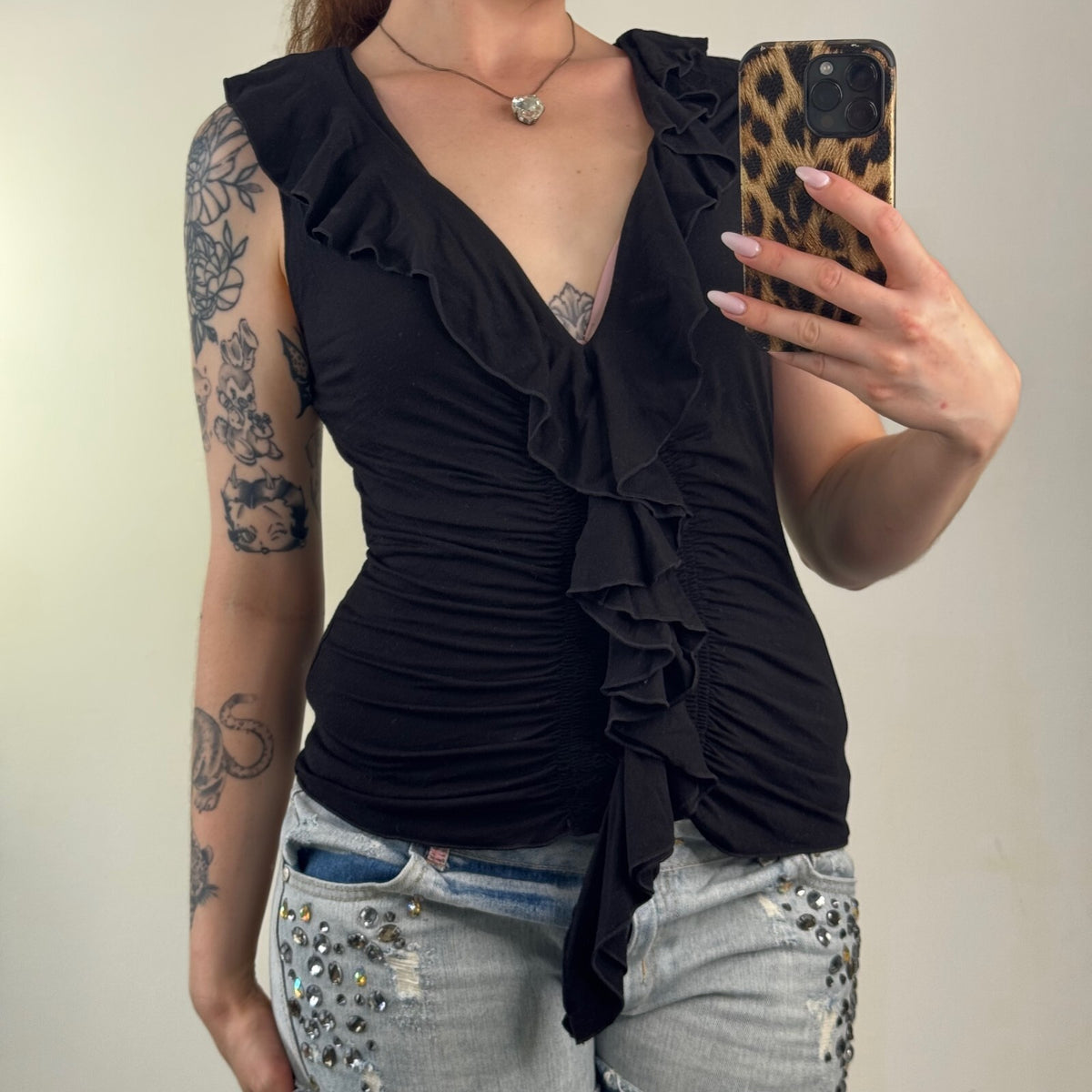Y2K vintage JLO tank top ruffle stretchy fitted frilly deep v neck ruched
