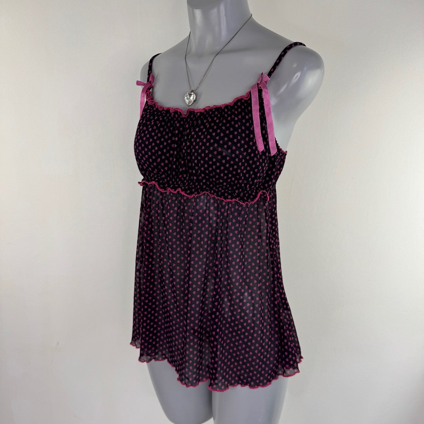 Y2K vintage mesh babydoll cami top hearts bow ruched bust sheer