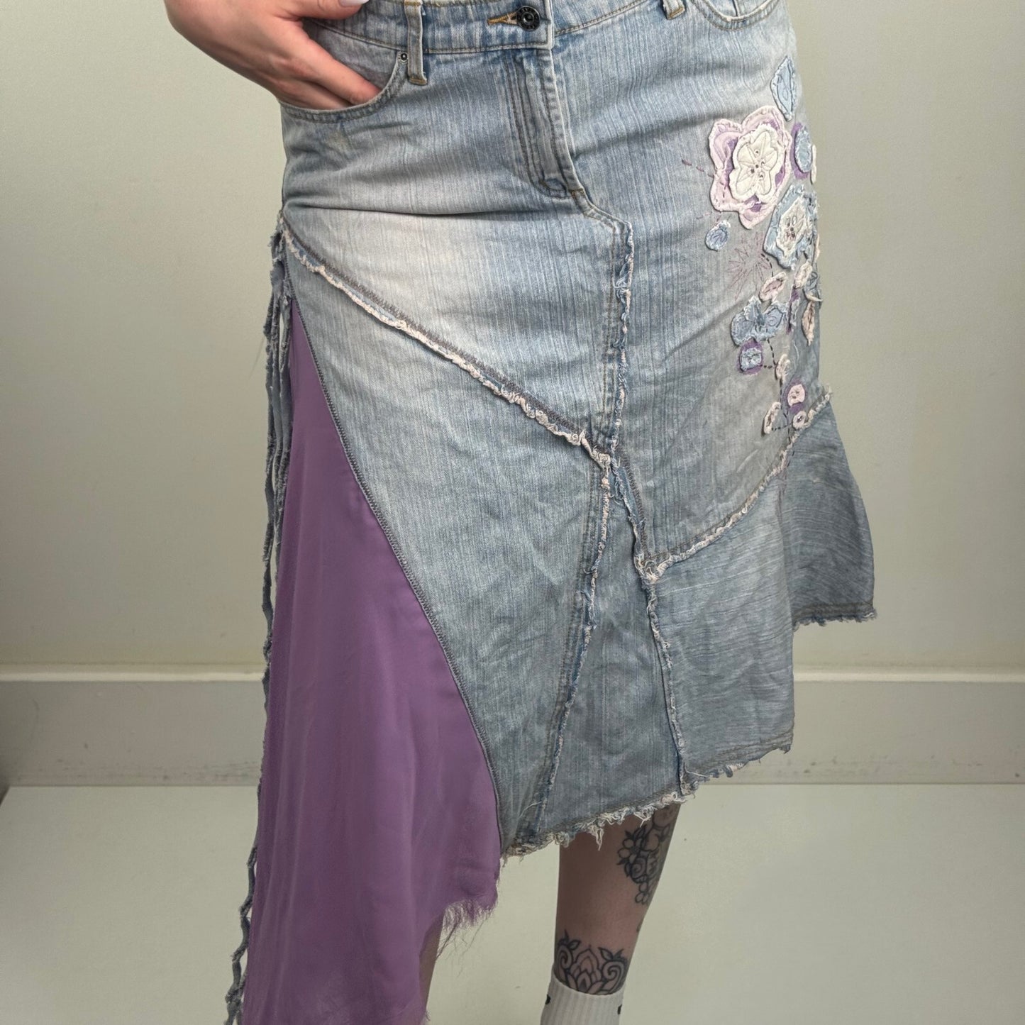 Y2K vintage denim midi skirt asymmetrical floral fairy boho embroidered a line