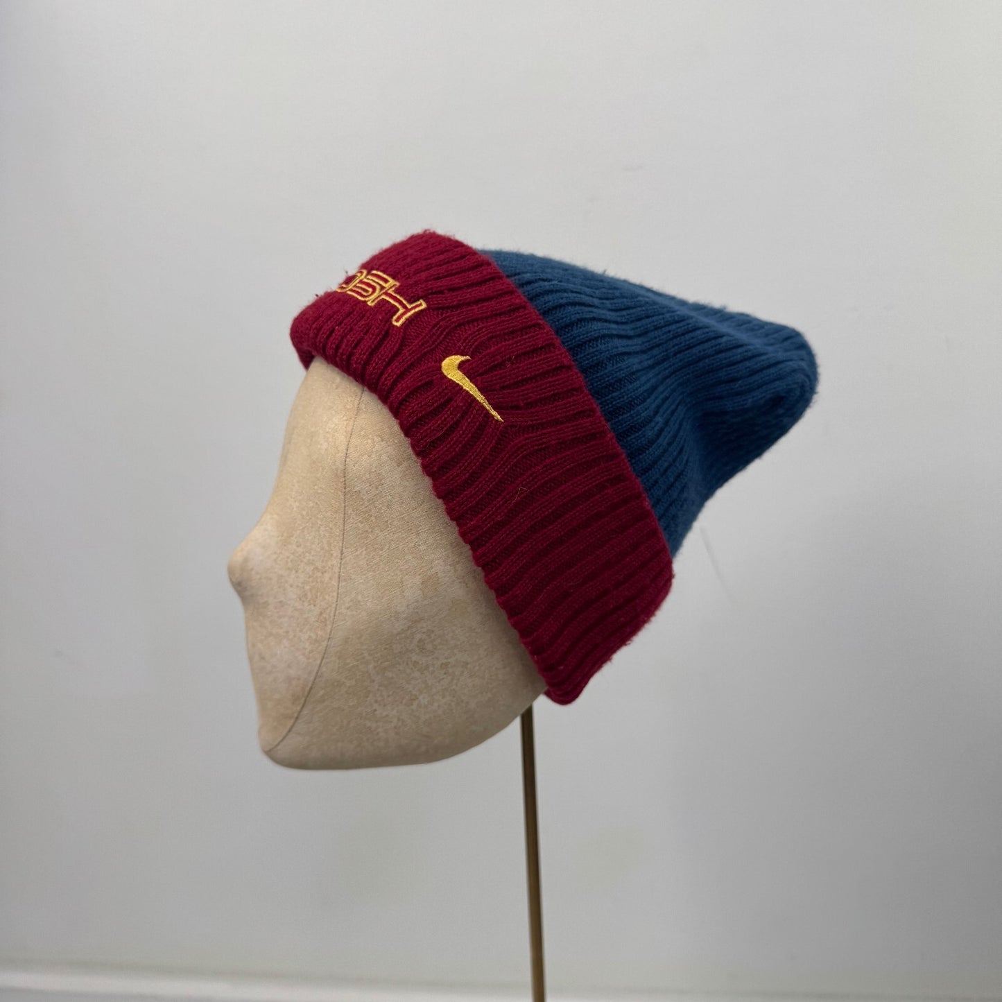 Vintage 90s Nike Swoosh Spellout Colour Block Beanie Hat Knit Blue Burgandy