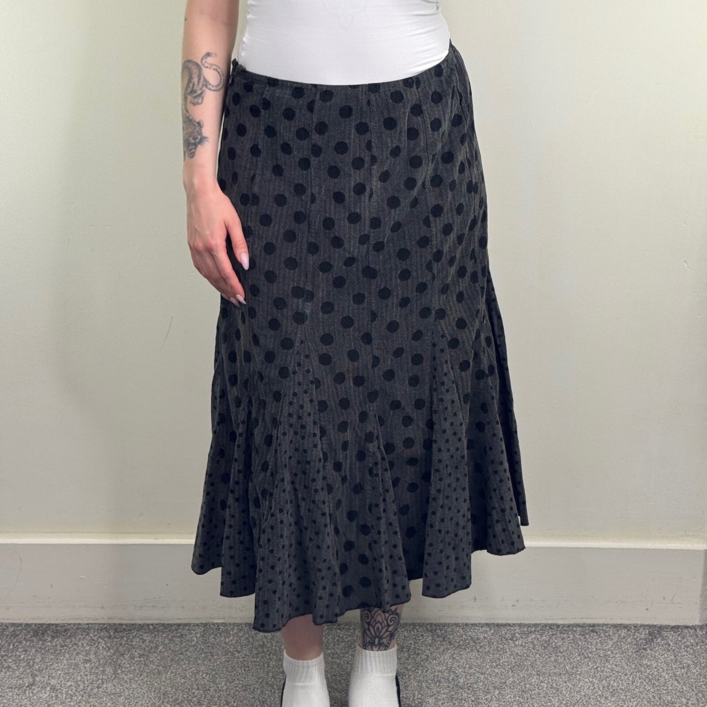 Y2K vintage Per Una maxi skirt polka dot cotton a line gathered grey black