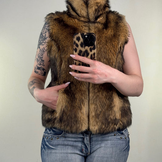 Y2K vintage gilet bodywarmer zip up faux fur high neck brown two tone pockets