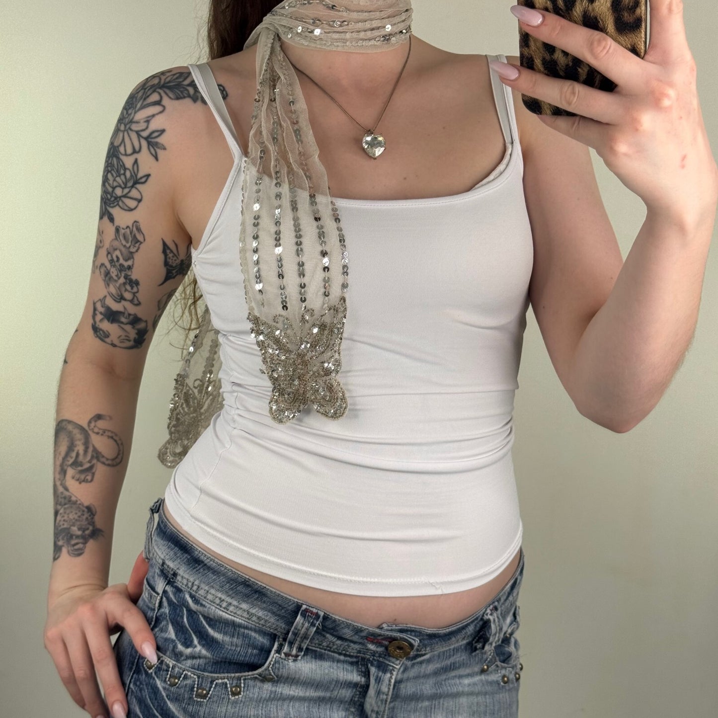 Y2K vintage scarf sheer mesh sequin butterfly short silver embellished