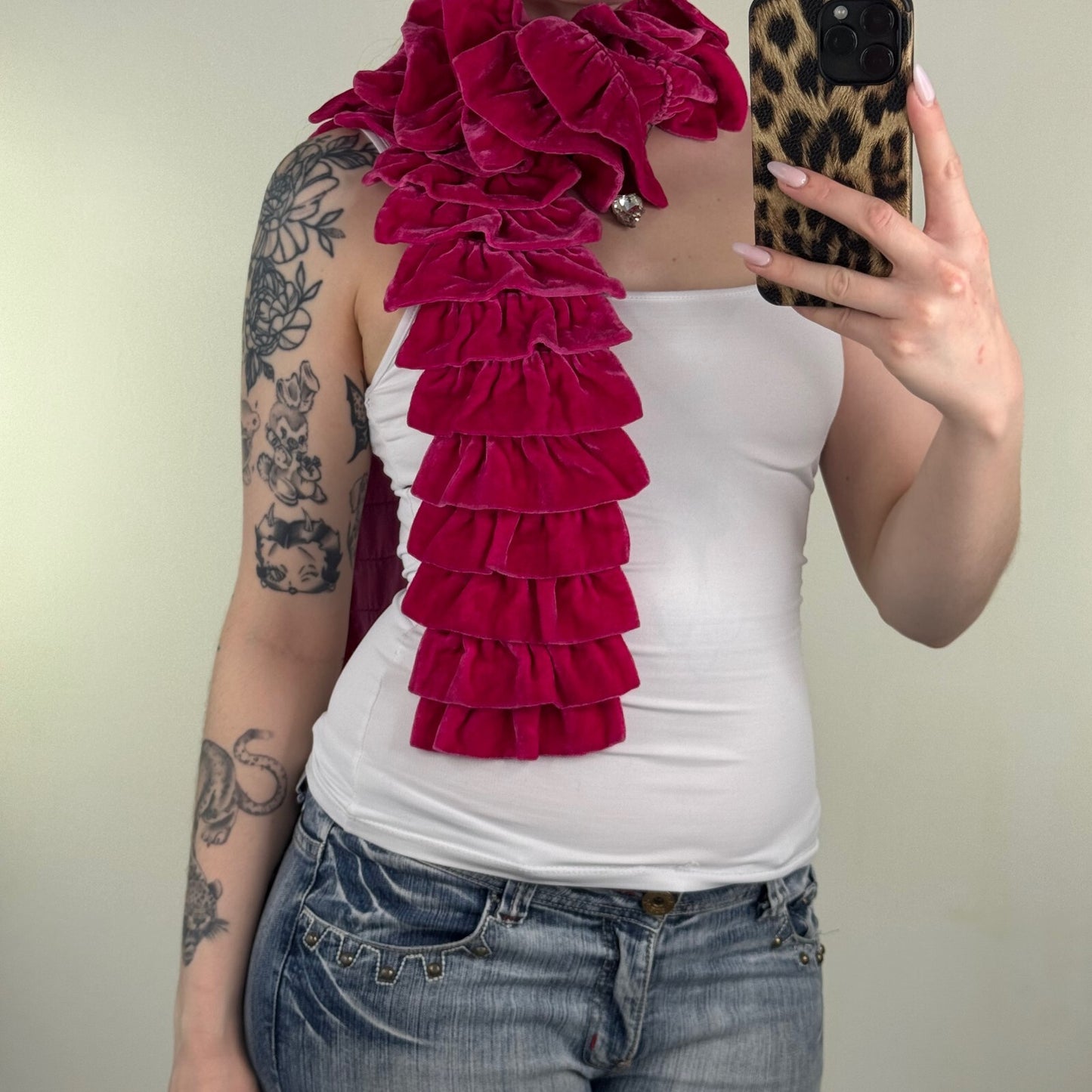 Y2K vintage scarf frilly hot pink velvet tiered