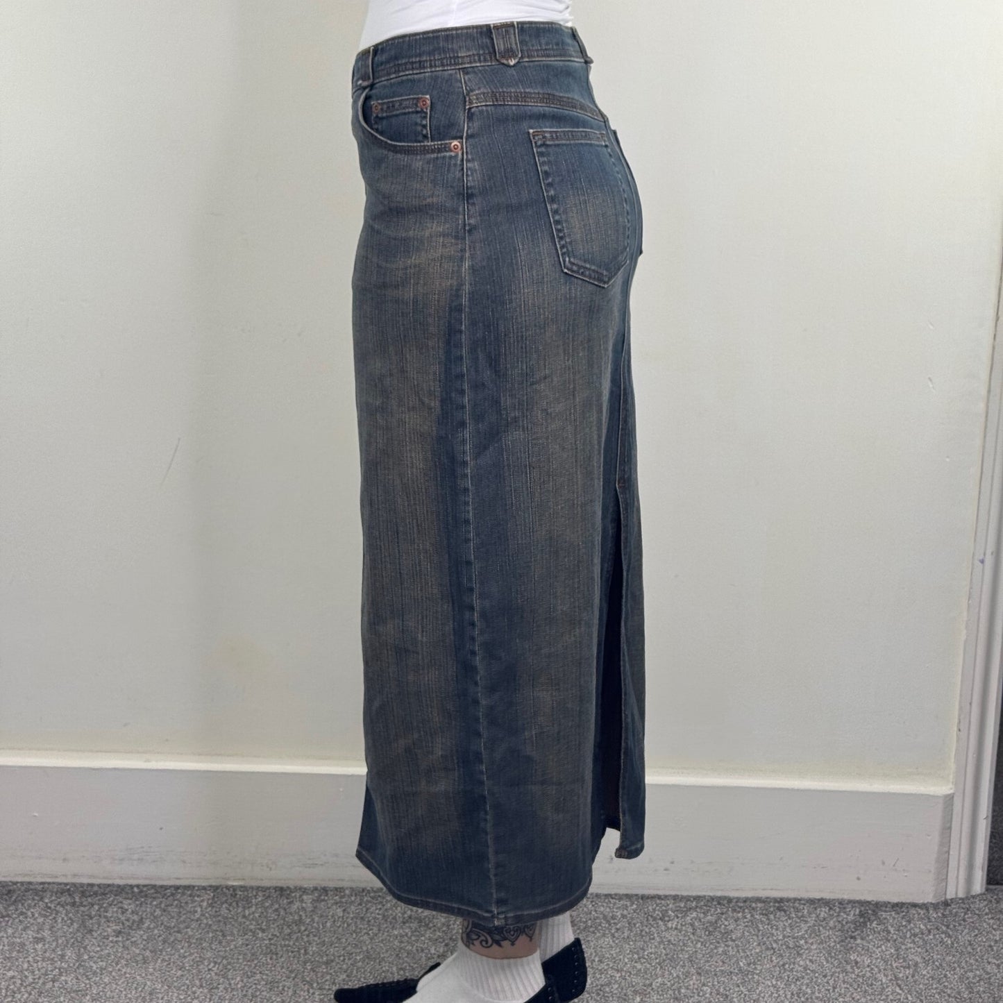Y2K vintage denim maxi skirt denim dirty blue wash stretchy slit full length