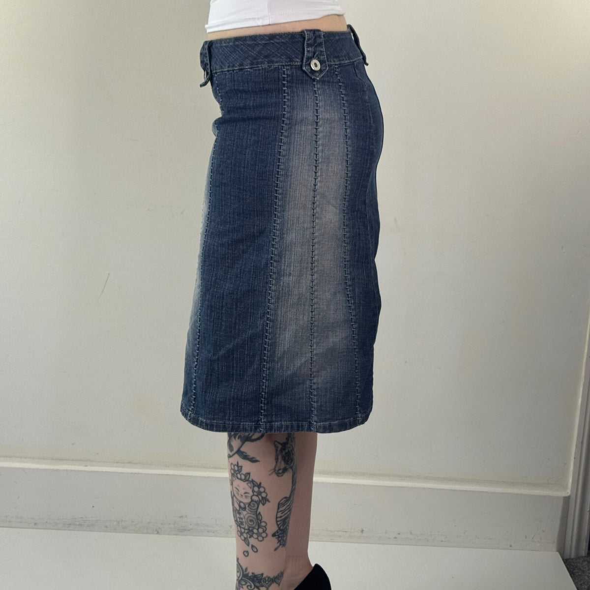 Y2K vintage denim midi skirt faded a line stretchy stitching knee length